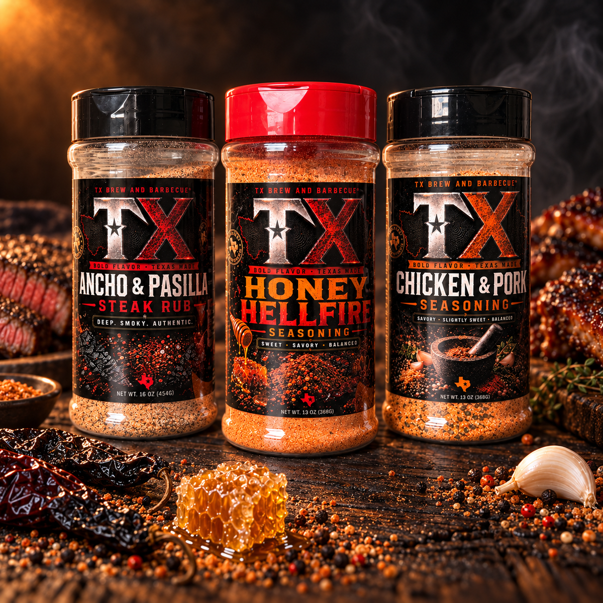 Ancho & Pasilla, Honey Hellfire and Chicken & Pork bottles together