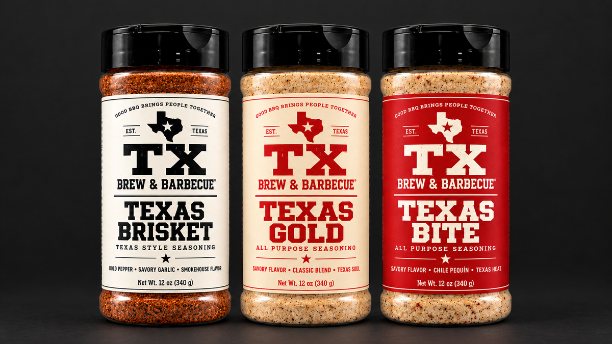 The Texas Trio: Texas Brisket, Texas Gold, and Texas Bite bottles on a dark background