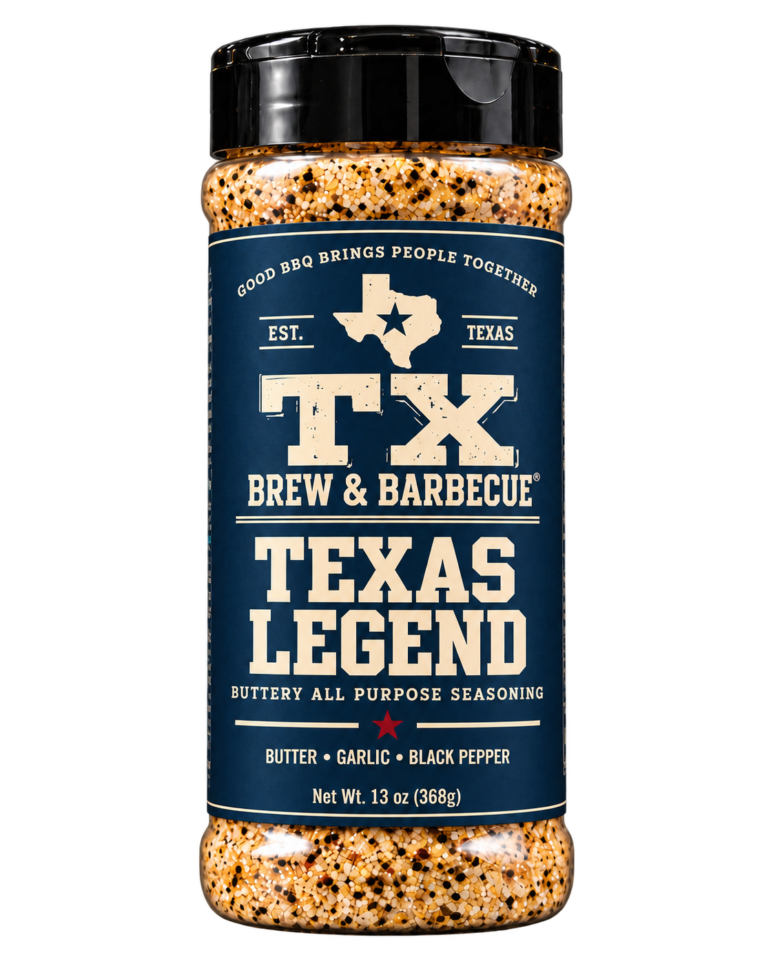 Texas Legend Buttery All Purpose Seasoning, 13 oz navy and cream bottle by TX Brew & Barbecue