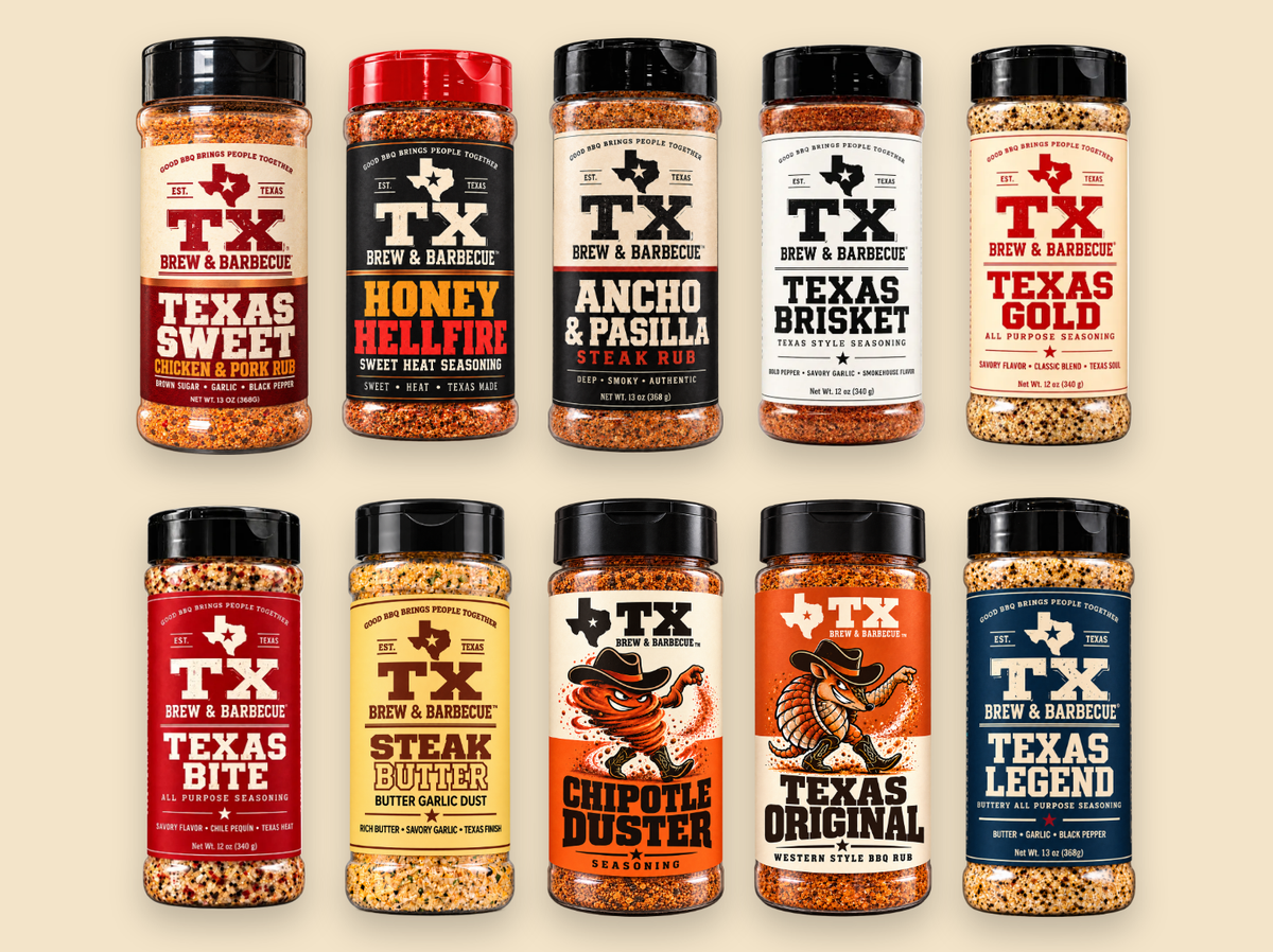 All ten TX Brew & Barbecue rubs, including Chipotle Duster, Texas Original, and Texas Legend, in two rows of five.